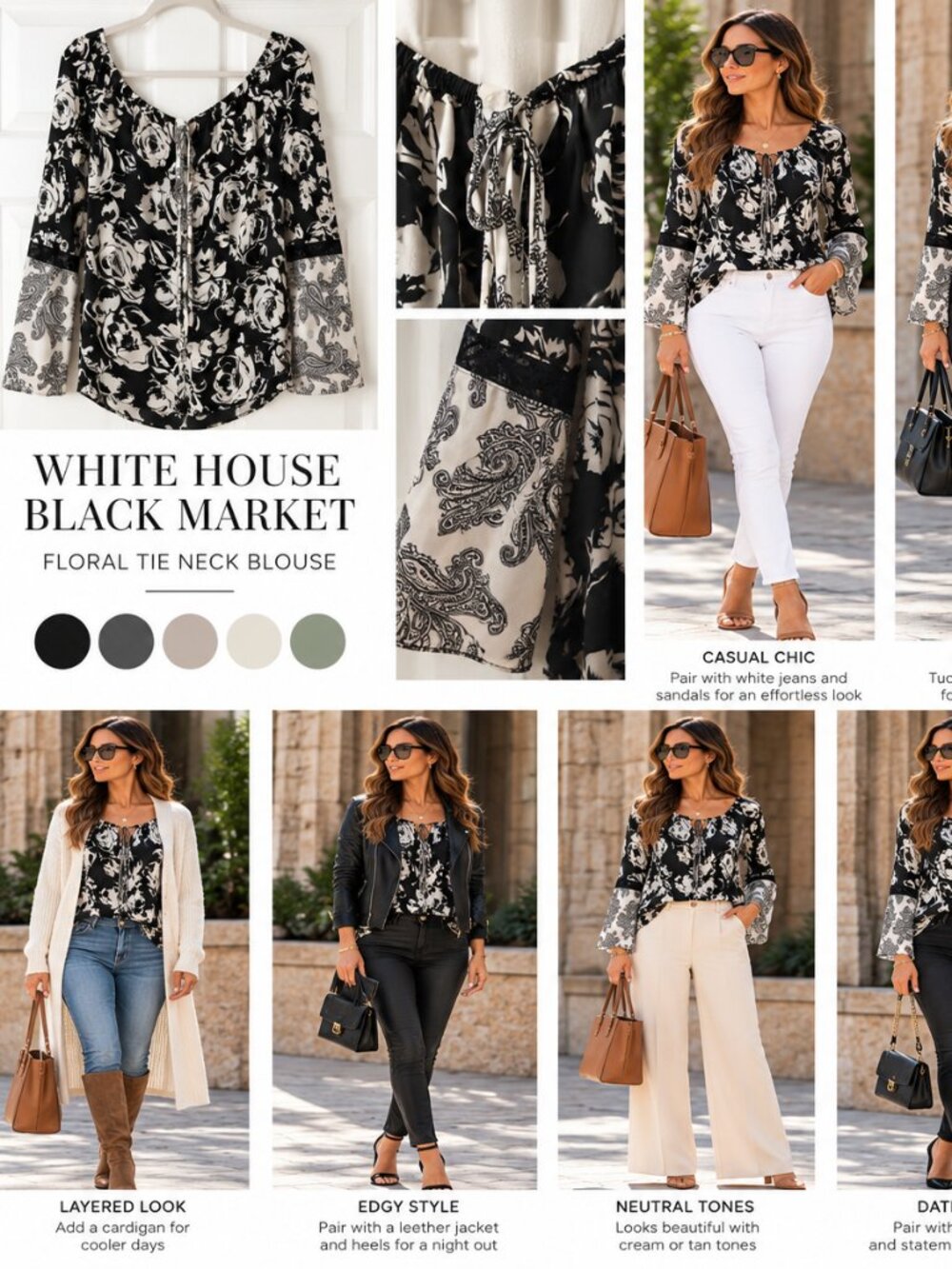 White House Black Market Black White Floral Paisley Bell Sleeve Blouse Size L